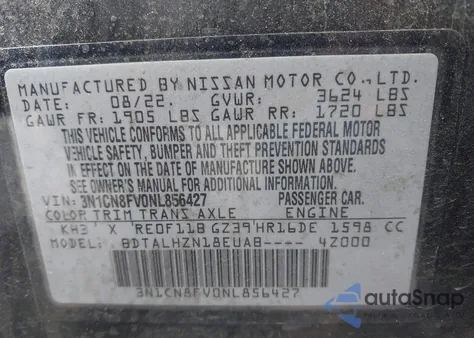 2022 Nissan Versa 1.6 Sr Xtronic Cvt z USA, uszkodzony, nr VIN 3N1CN8FV0NL856427